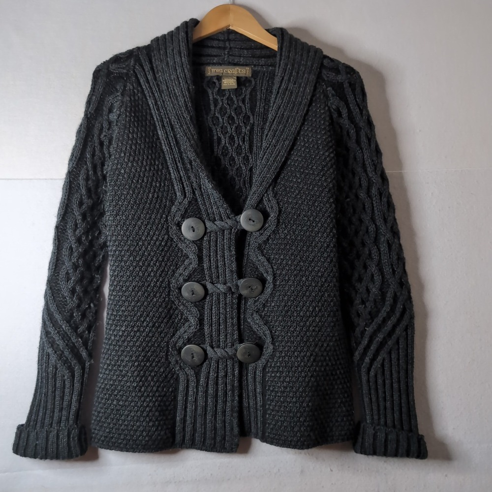 Inis Crafts Ireland 100% Merino Wool Aran Cable Knit Shawl Cardigan Gray